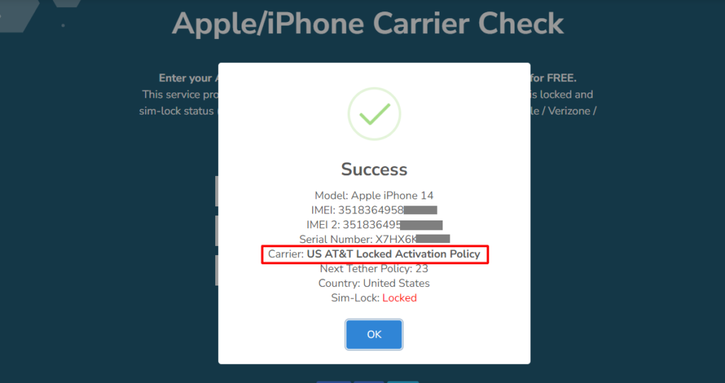 فحص iPhone Carier - عينة مجانية من imeicheck.com